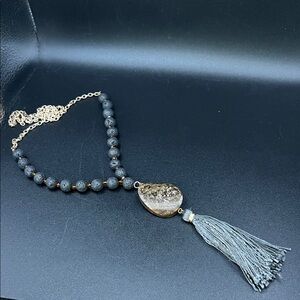 Vintage Crystal Lava Rock Jasper Pendant Necklace with Tassel